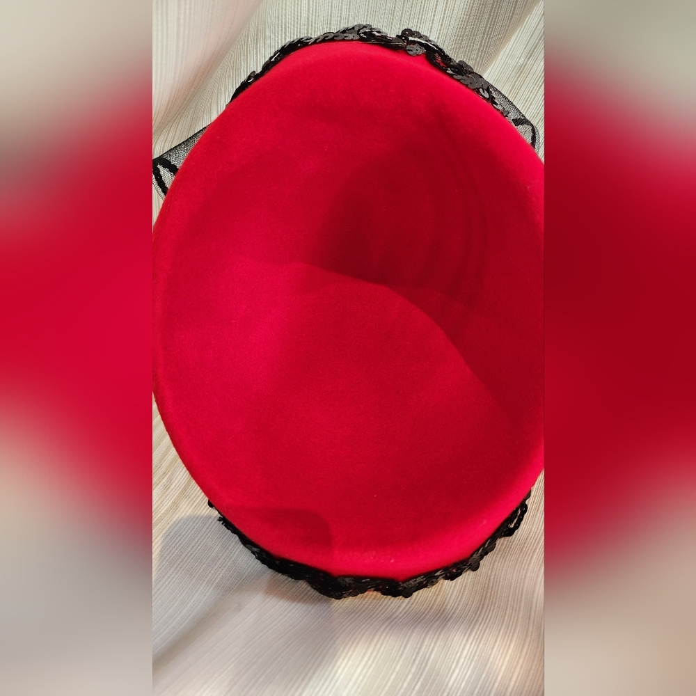 Red Felted Wool Hat with Black Sequin Trim and Black Netting - Picture 7 of 7